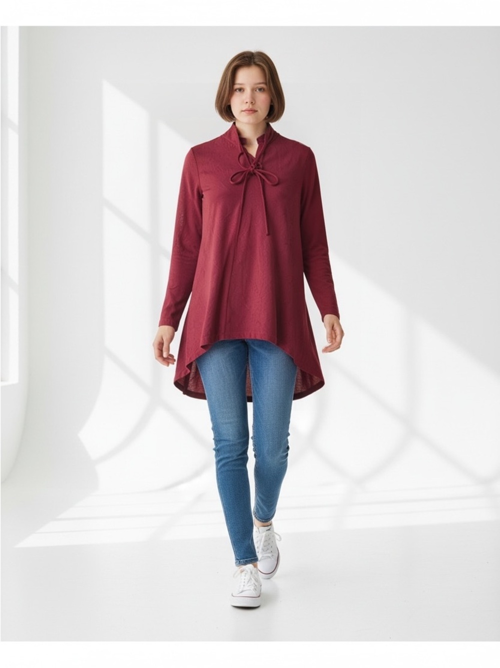 Zanzea Burgundy Tie-Neck High-Low Tunic Top